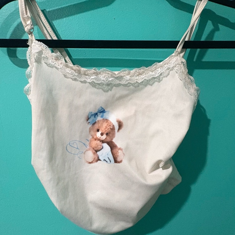 Lace Rutched White Tank Top with Teddy Bear Design